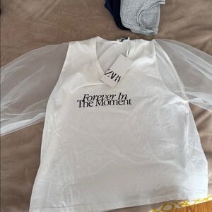 Zara Cream Sheer Sleeve Top